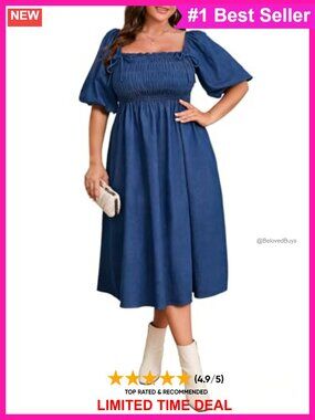 Plus Size Smocked A-Line Midi Denim Dress with Pockets